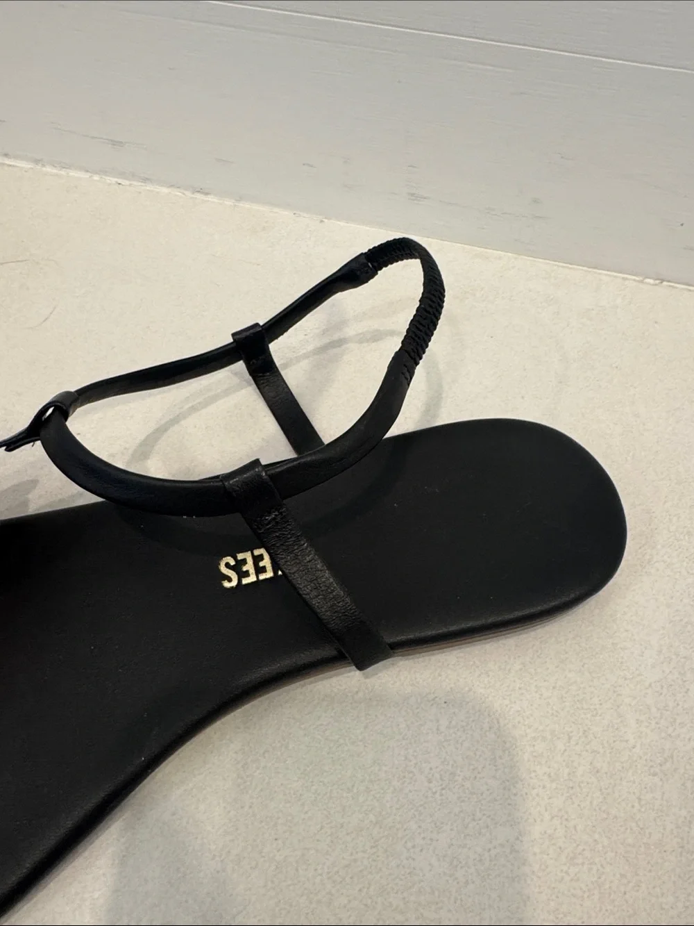 TKEES Black Minimal T-Strap Leather Sandals